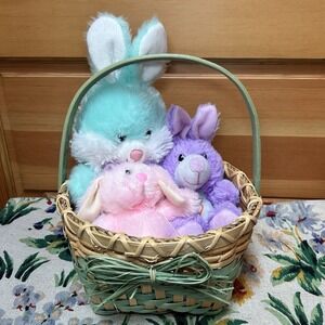 Vintage Easter Basket Pink Purple Blue/Green Plush Bunny Rabbit Wood Woven Gift
